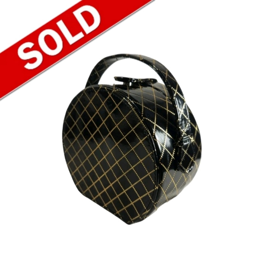 Vintage Circular Black and Gold Box Purse with Mirror